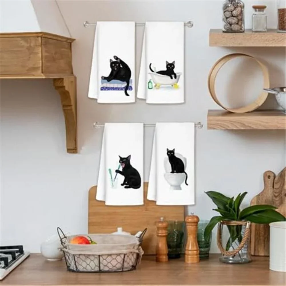 Black Cat Hand Towels for Bathroom Set of 4 - Cat Hand Towels for Cat Lovers